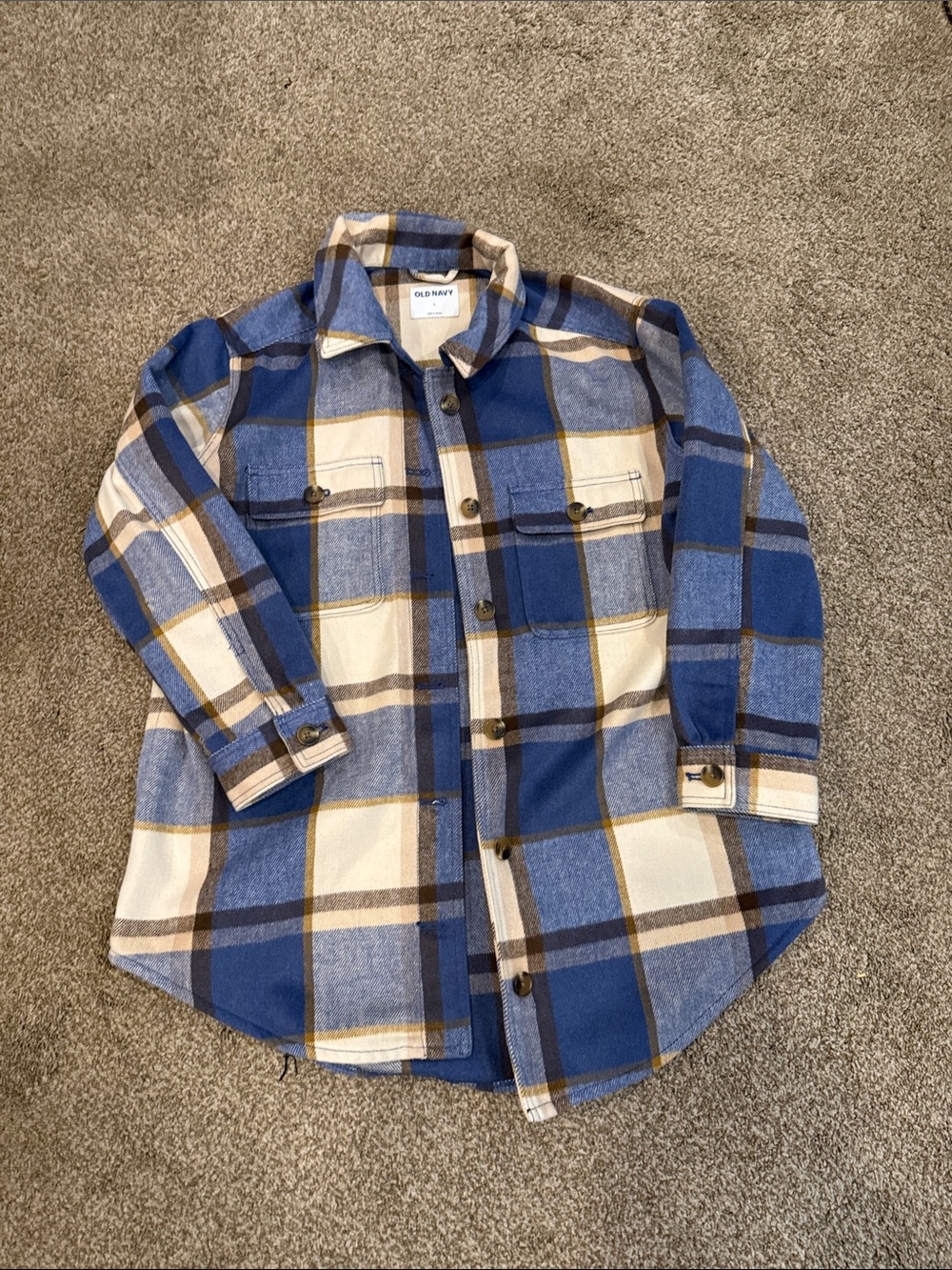 Old Navy Blue, Cream & Brown Plaid Men's Button-Down Shirt Jacket